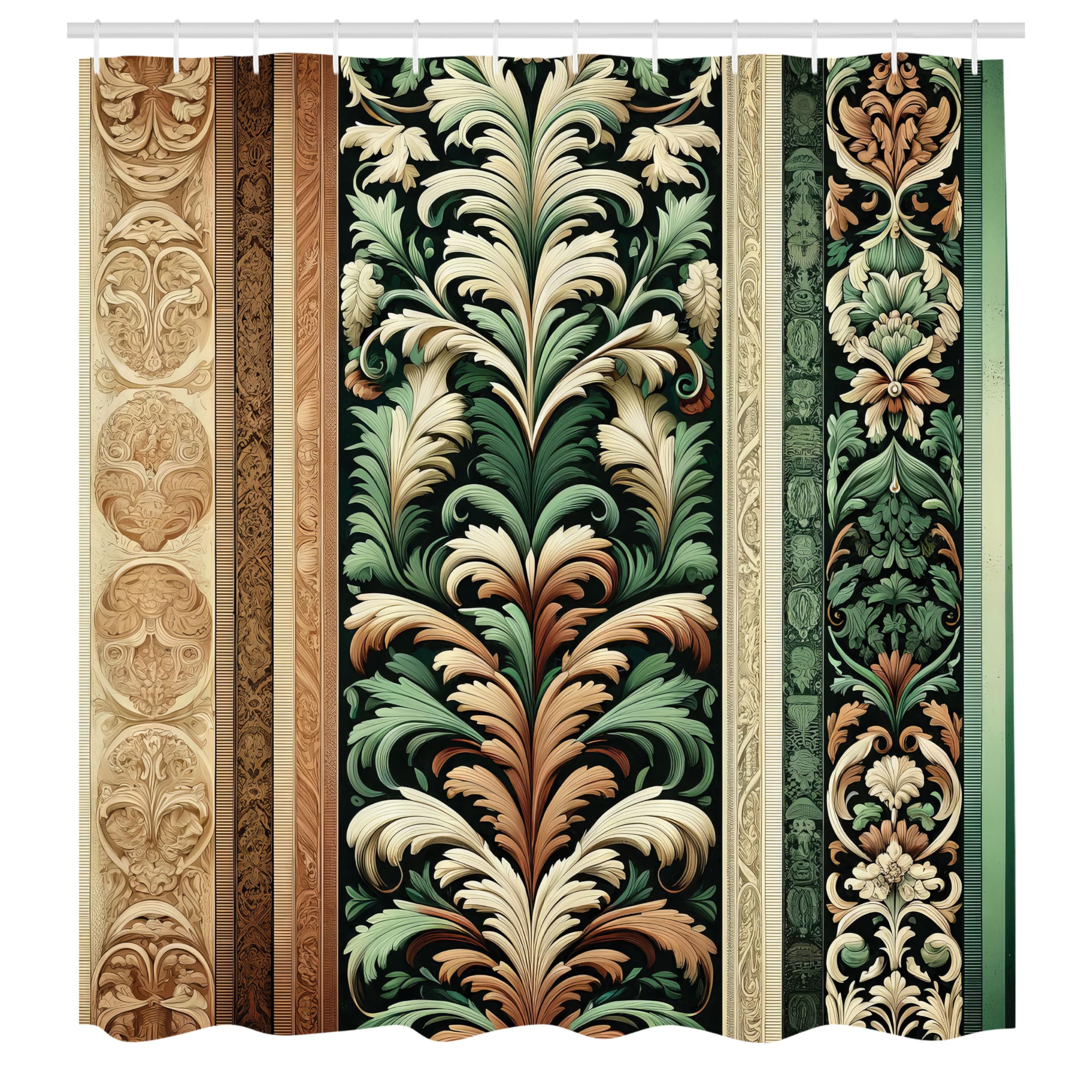 Ambesonne Green And Brown Shower Curtain, Jungle Damask Leafy Ornaments Ethnic Oriental Motifs Traditional Art, Cloth Fabric Bat